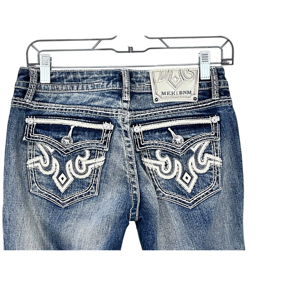 Mek Denim Brisbane Y2K Embroidered Studded Slim Boot Cut Jeans Size 26x34 Rave - Picture 1 of 6